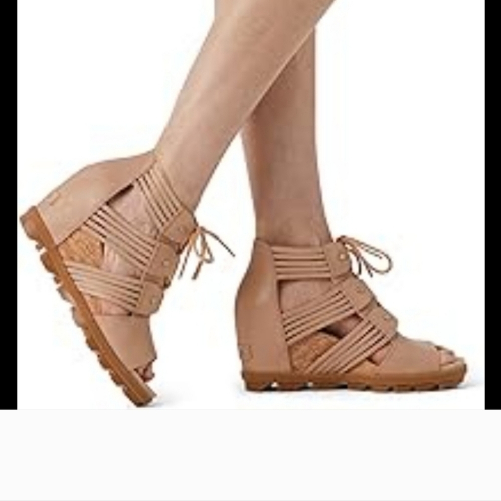 SOREL beige used Joanie II Lace Huarache Wedge Sandal Sz 6.5 lace up sandal
